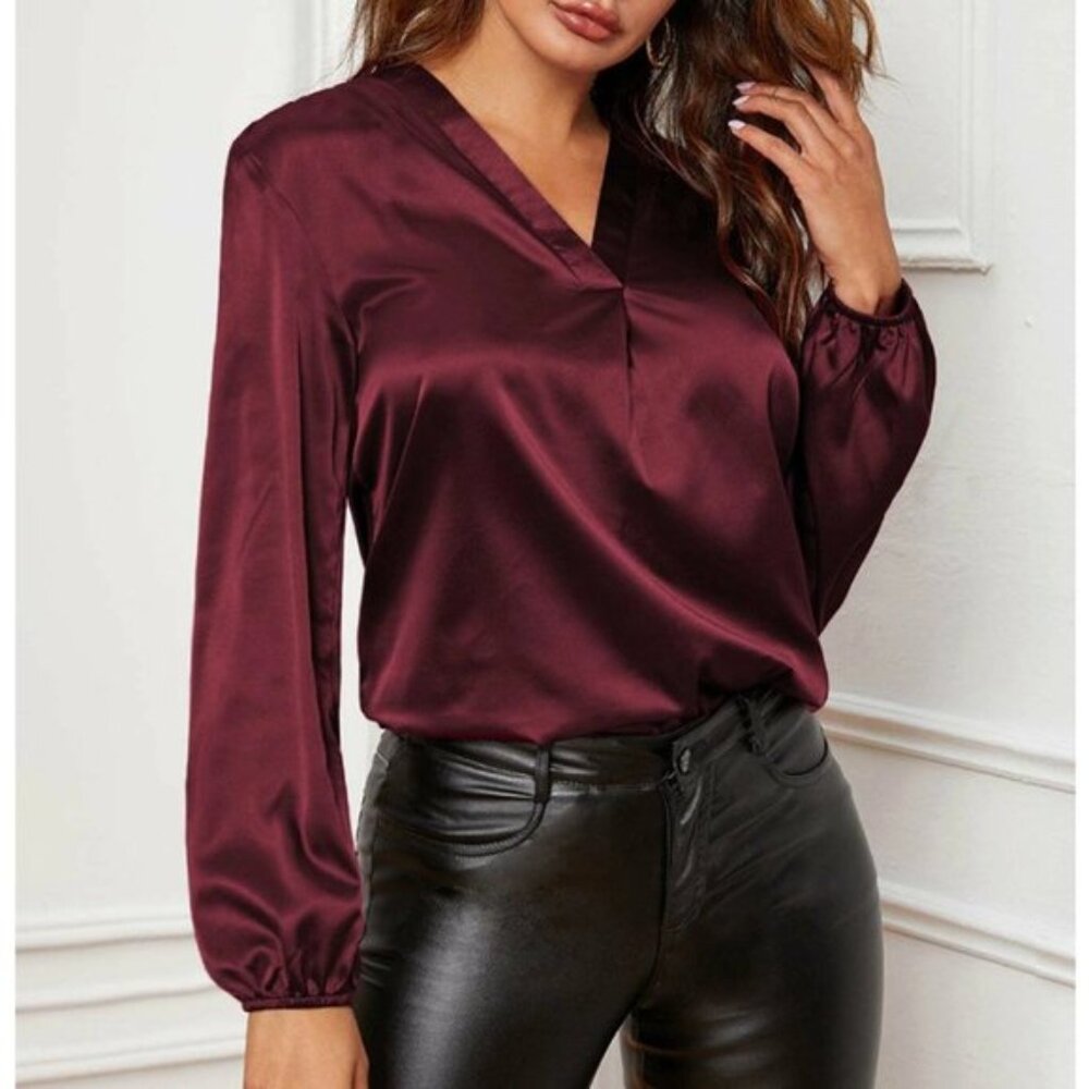 Burgundy Lantern Sleeve Satin Blouse